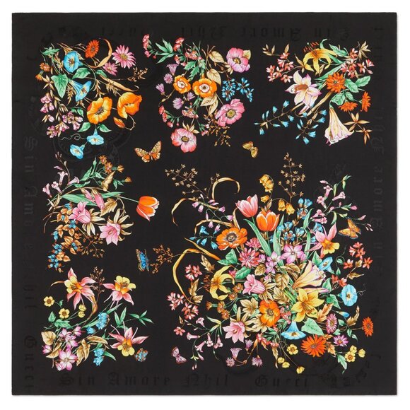 GUCCI SCARF SINE AMORE FLORAL BOUQUET FLORA BLACK SILK TWILL SQUARE 35" - Picture 2 of 12